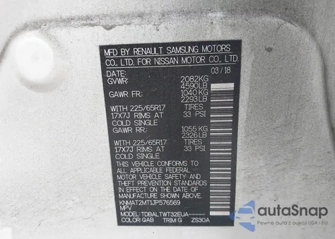 2018 Nissan Rogue Sv z USA, uszkodzony, nr VIN KNMAT2MT1JP576569